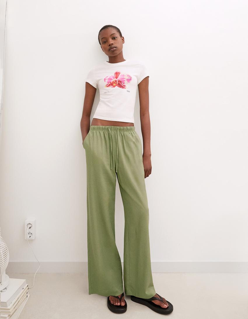 Linen blend trousers with an elasticated waistband-Khaki-1