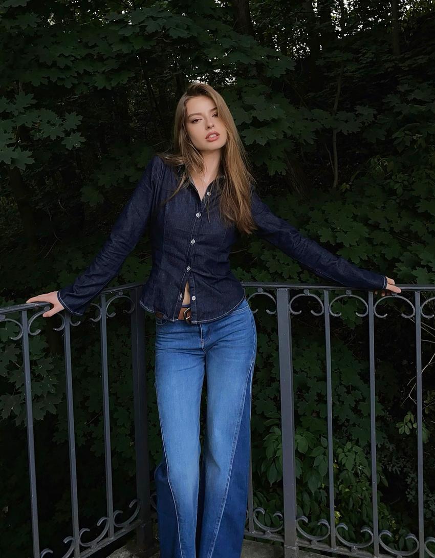 Chemise à manches longues en denim-Marine-1