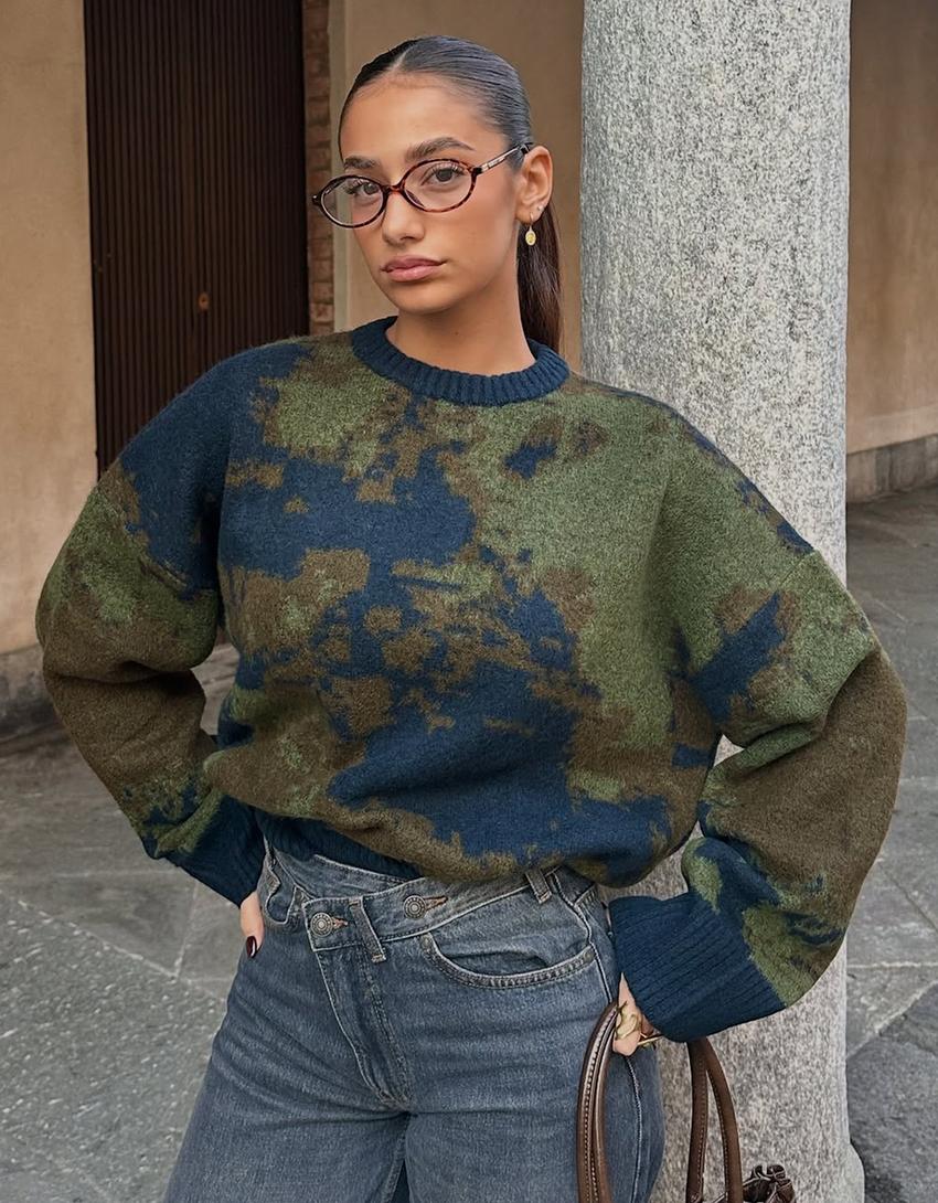 Jeans a gamba larga con vita incrociata-Azzurro