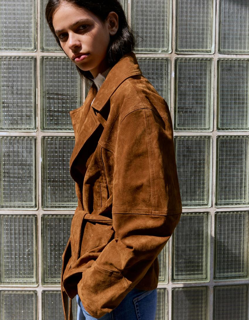 Suede belted jacket-Brown