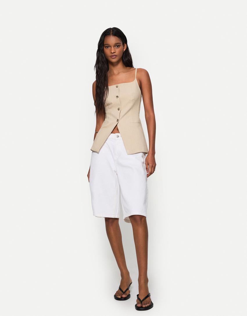 Gilet lungo con scollo quadrato-Beige