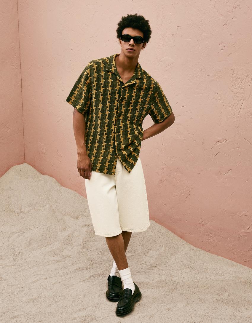 Short sleeve textured shirt-Khaki-3