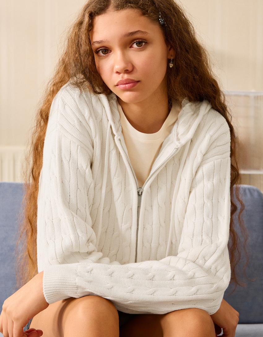Cable-knit zip-up cardigan-Cream