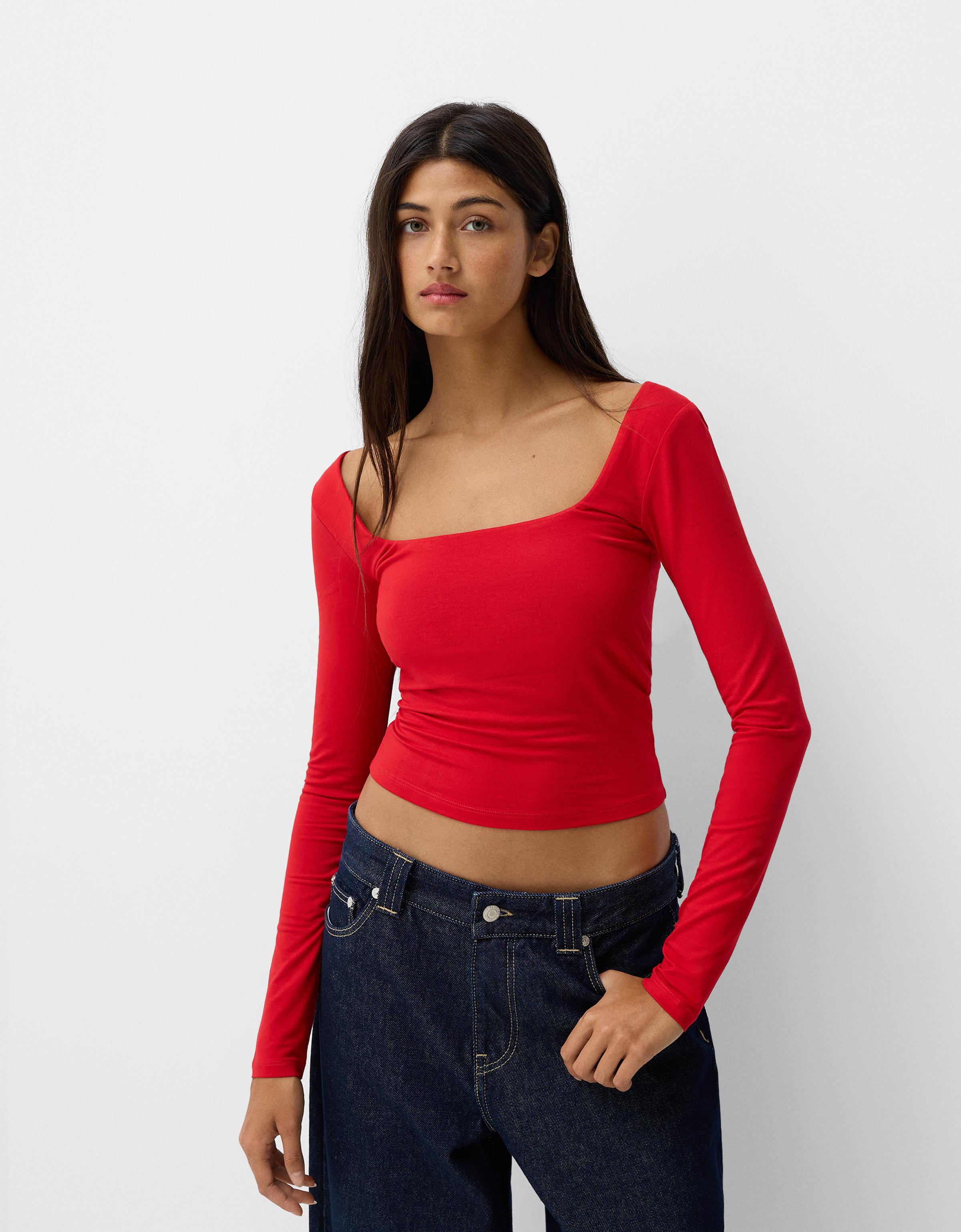 Bershka Shirt Mit Langen Ärmeln Und Kastenausschnitt Damen M Rot