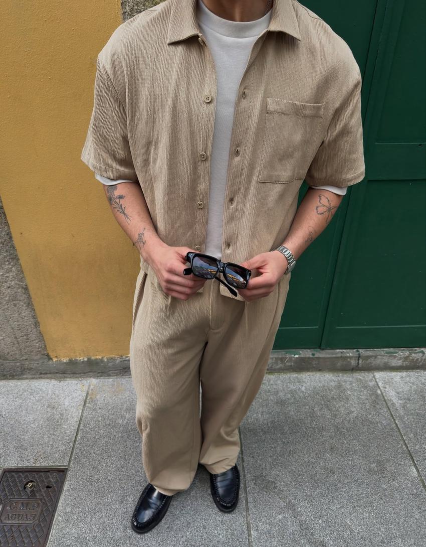 Pleated boxy fit short sleeve shirt-Sand