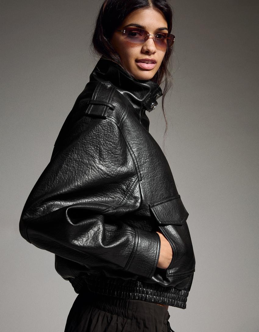 Faux leather funnel collar jacket-Black