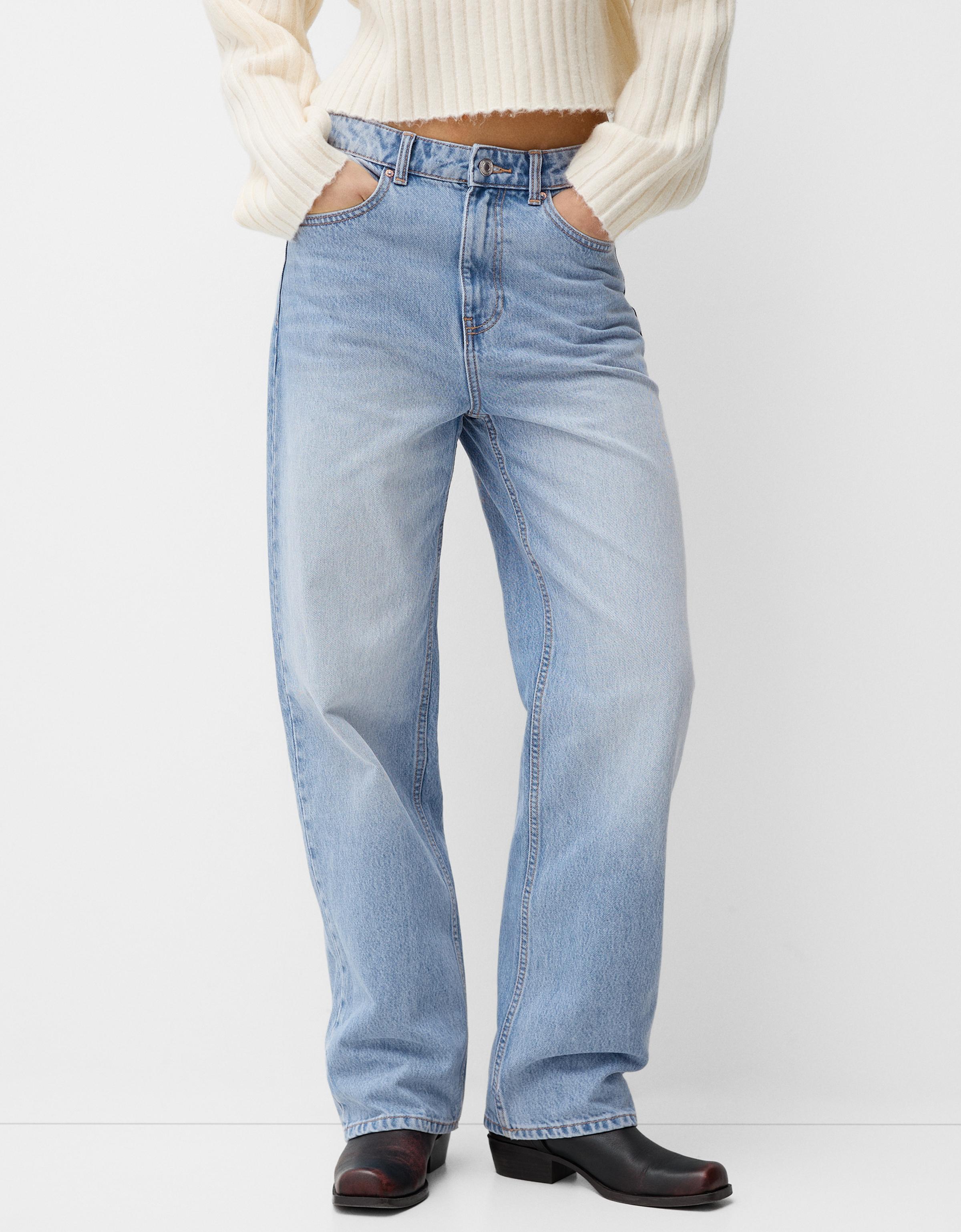 Bershka Straight-Jeans Mit Wide-Leg Damen 38 Ausgewaschenes Blau