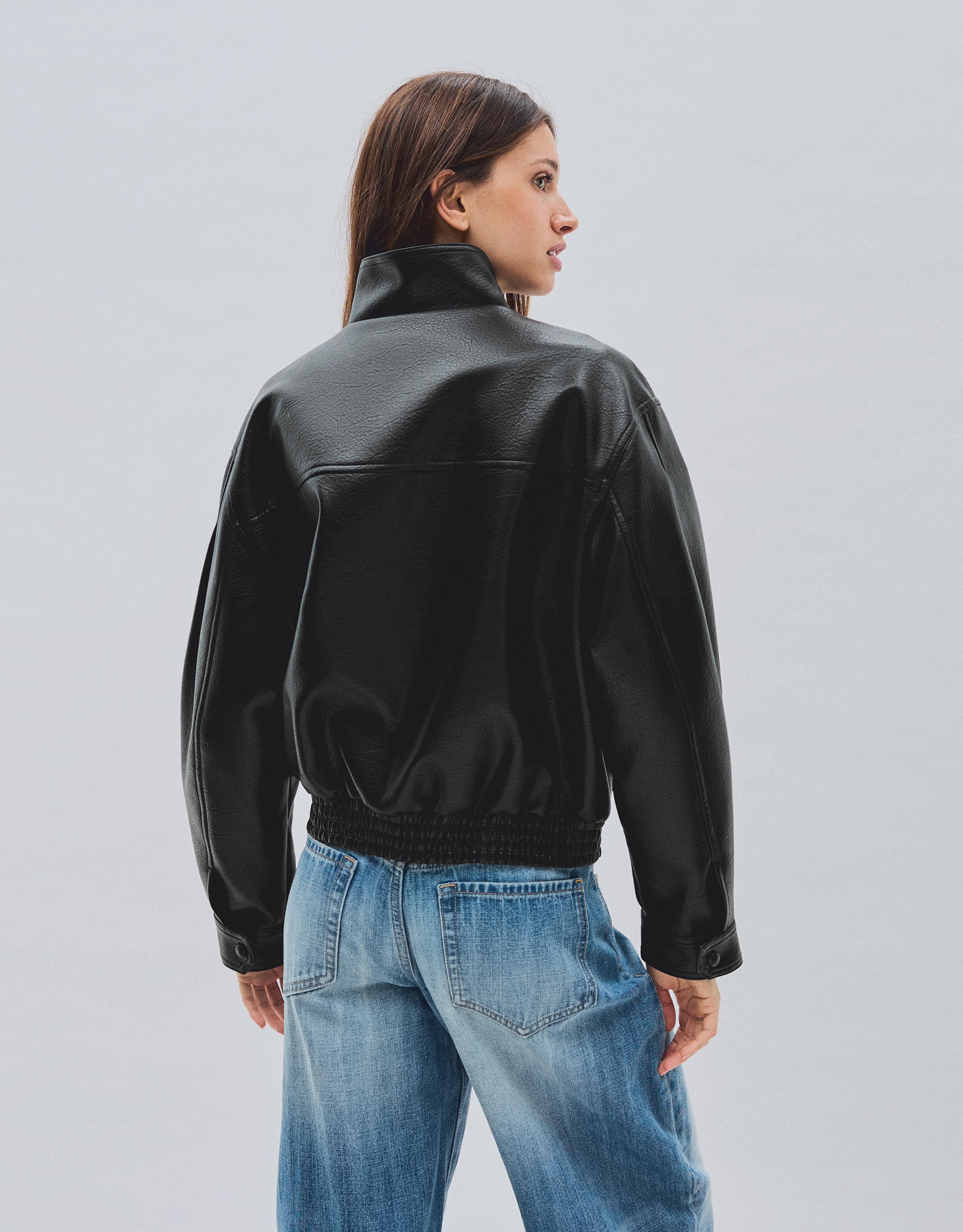 Oversize leather effect jacket with crossover collar — Black