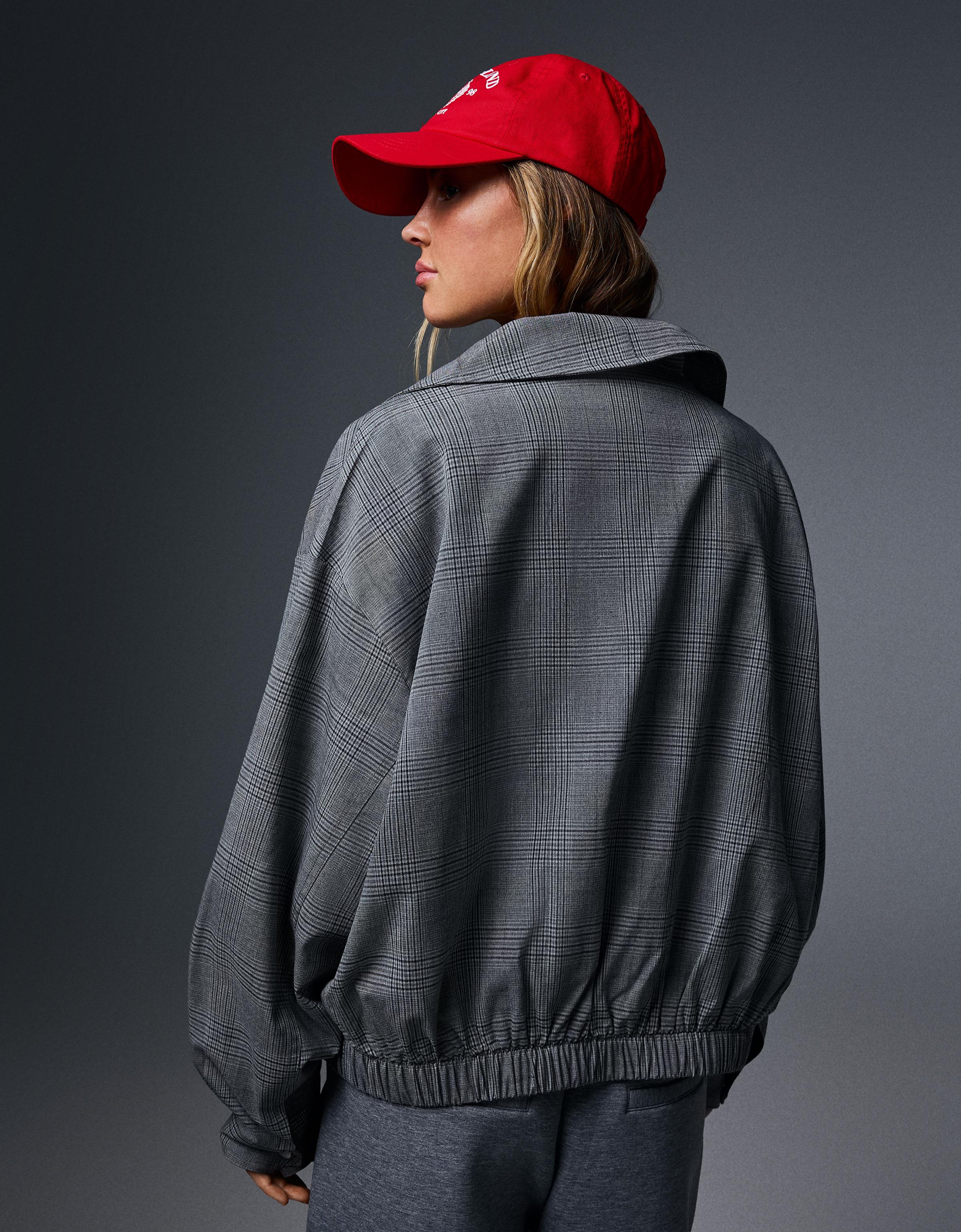 Checked funnel neck jacket — Grey
