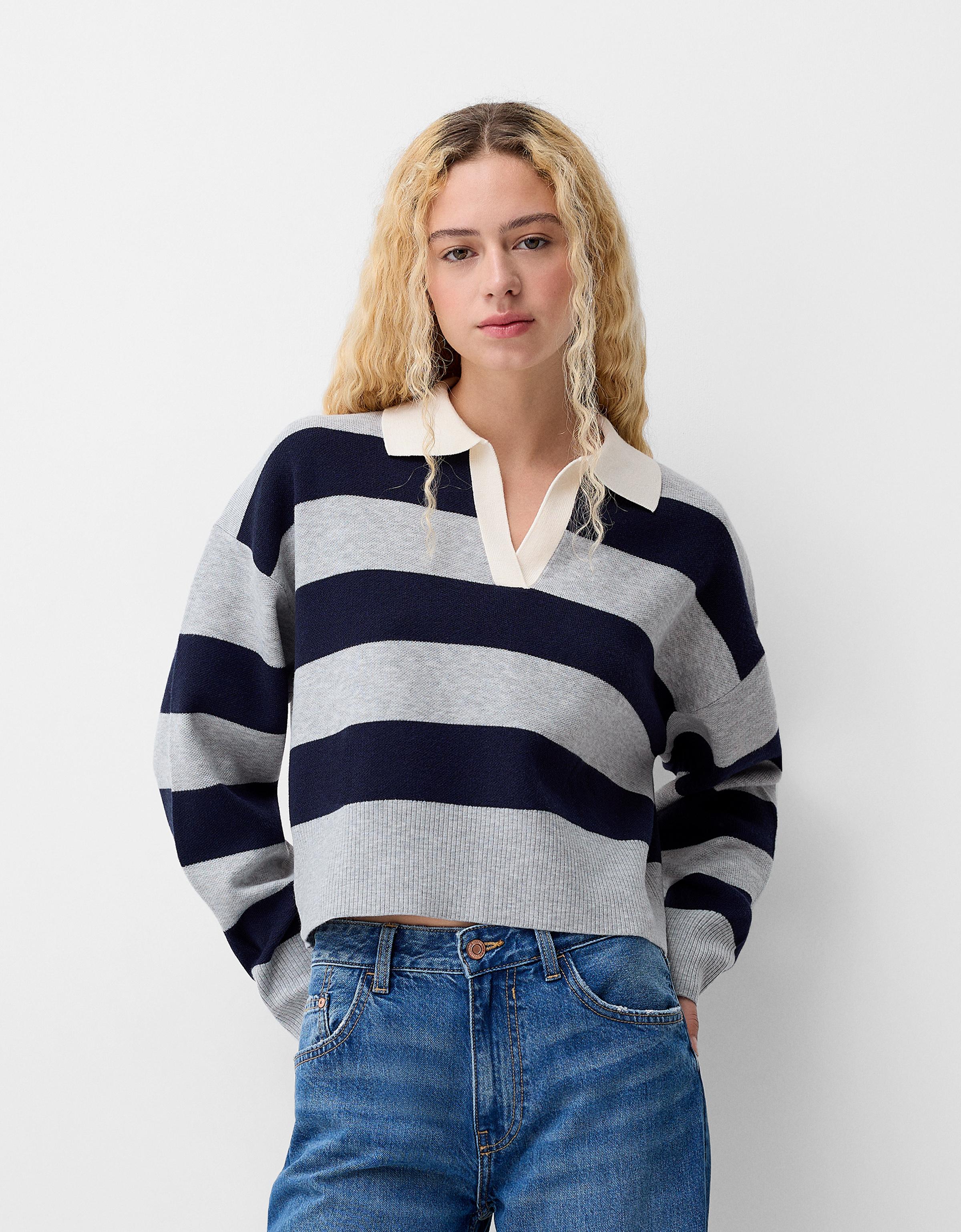 Bershka Pullover Mit Polokragen Damen 10-12 Grau