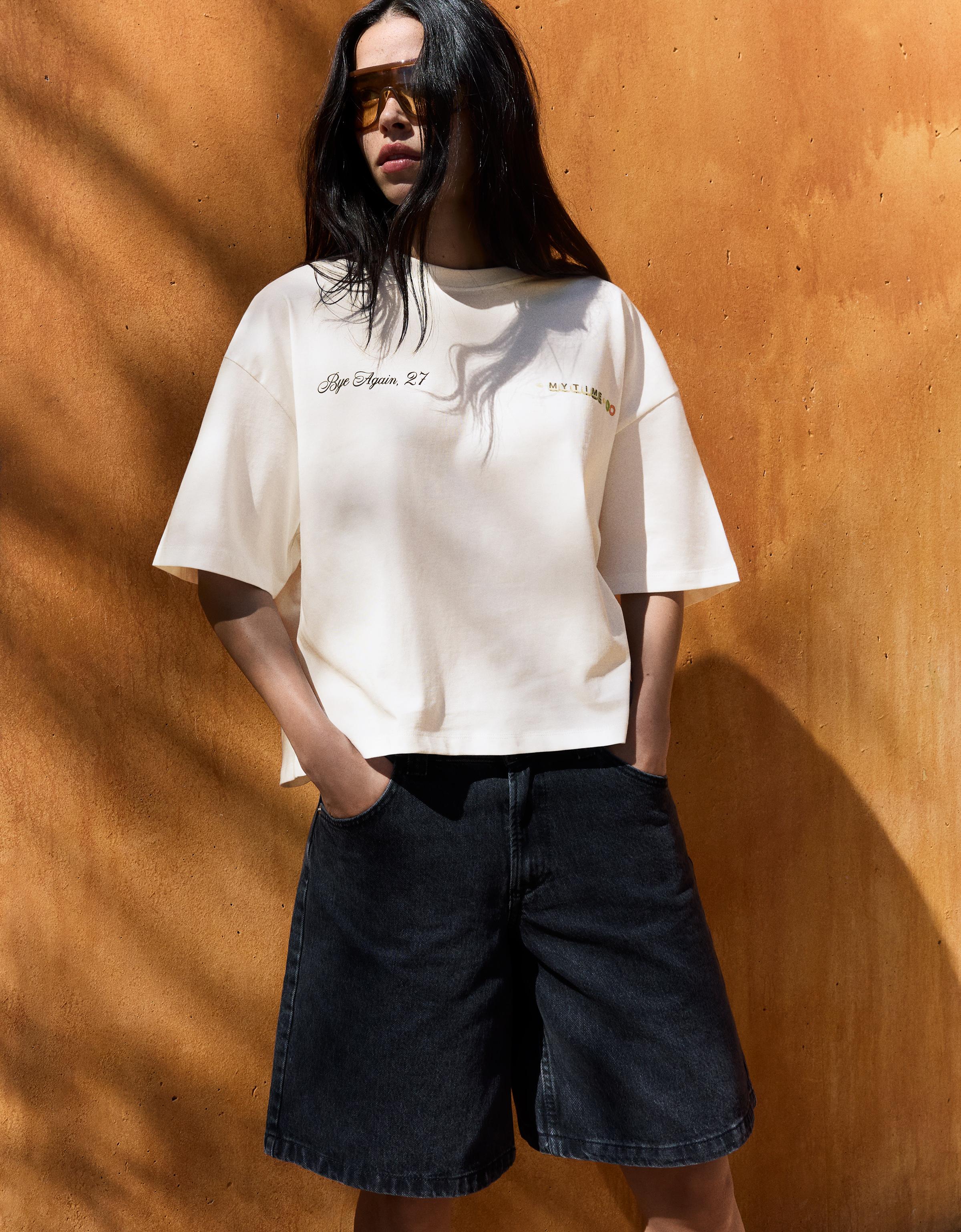 Bershka Camiseta Manga Corta Print Mujer Blanco Roto