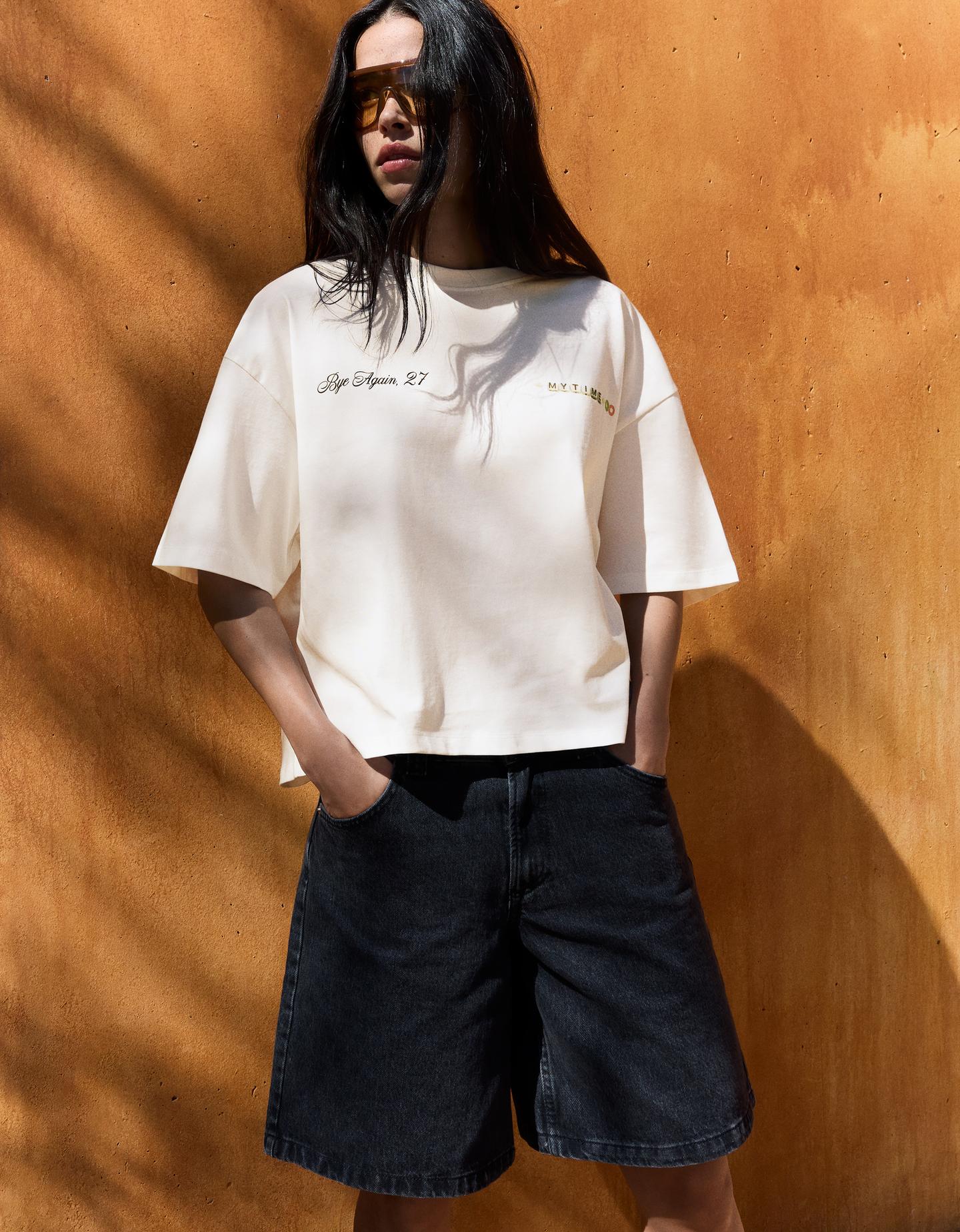 Bershka Maglietta A Maniche Corte Stampa Donna L Bianco Roto