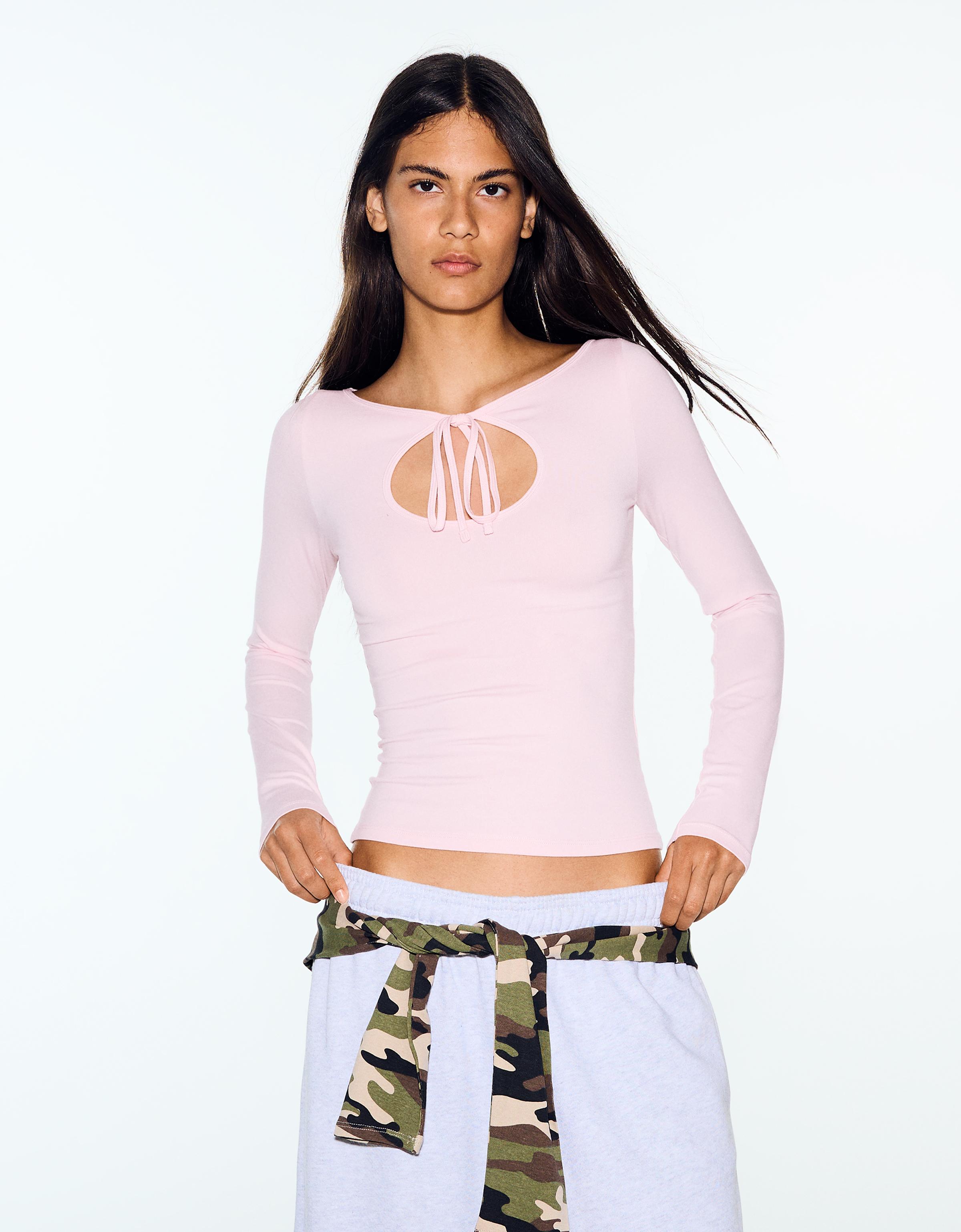 Bershka Camiseta Manga Larga Escote Apertura Lazo Mujer L Rosa
