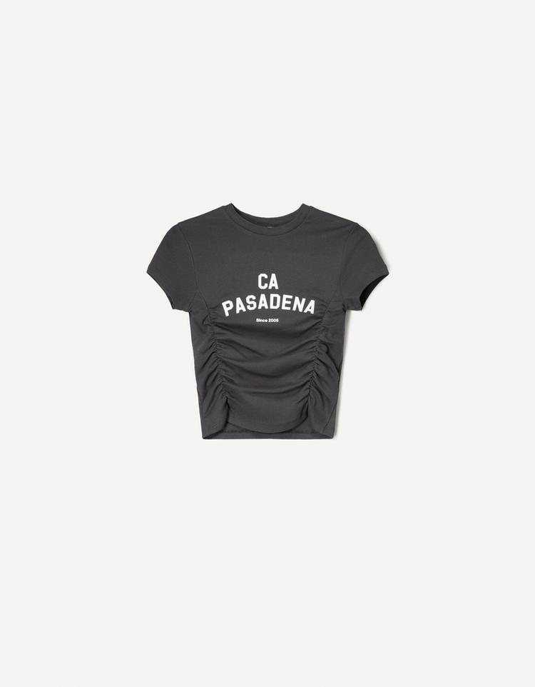 Printed short sleeve T-shirt with gathering