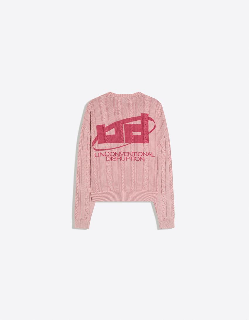 Cable-knit crew neck sweater-Pink