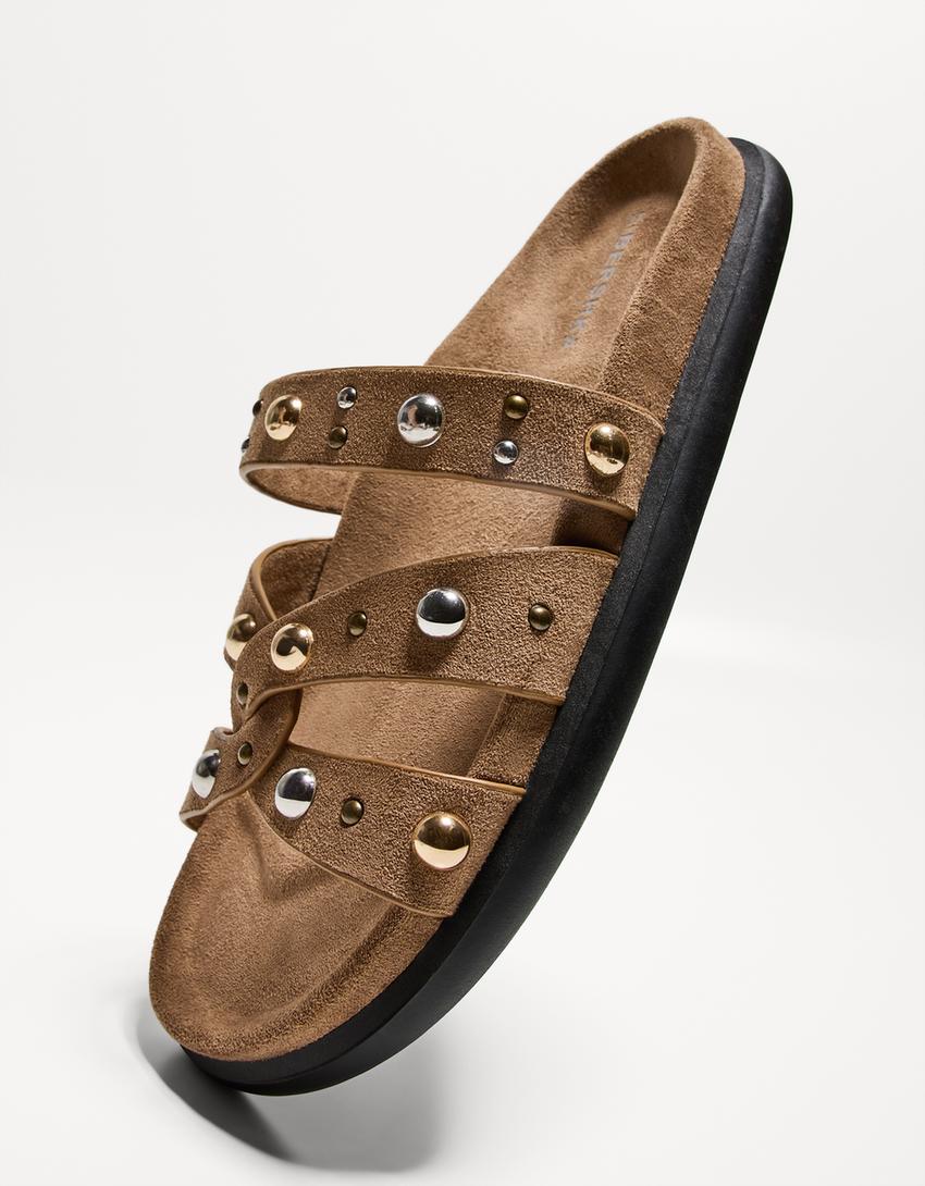 Studded flat sandals-Tan-2