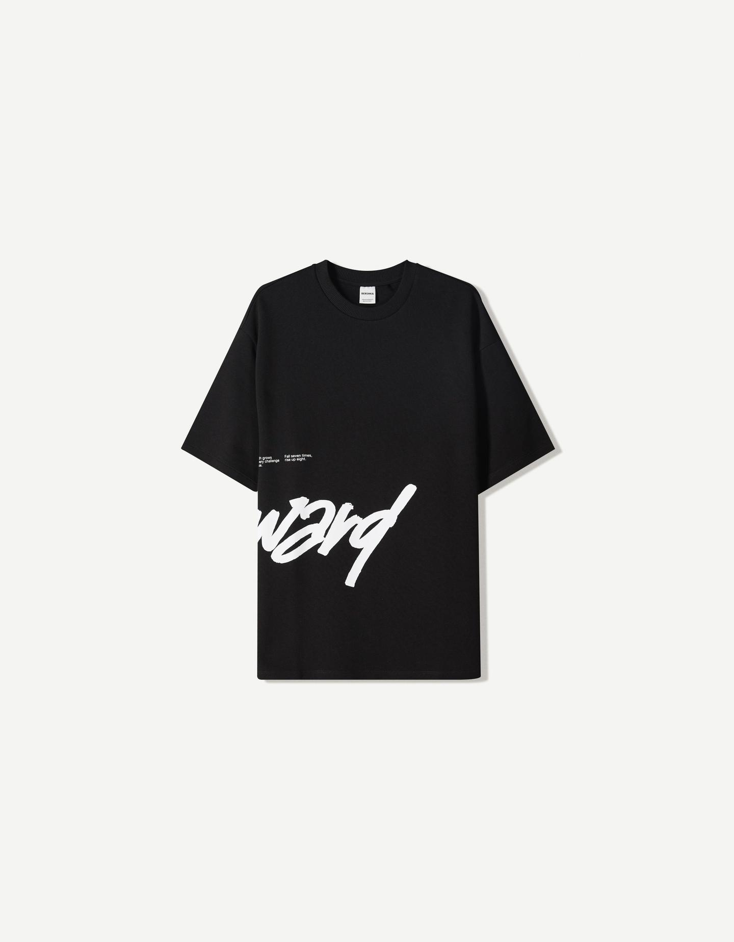 Bershka T-Shirt Manches Courtes Molleton Imprimé Homme M Noir