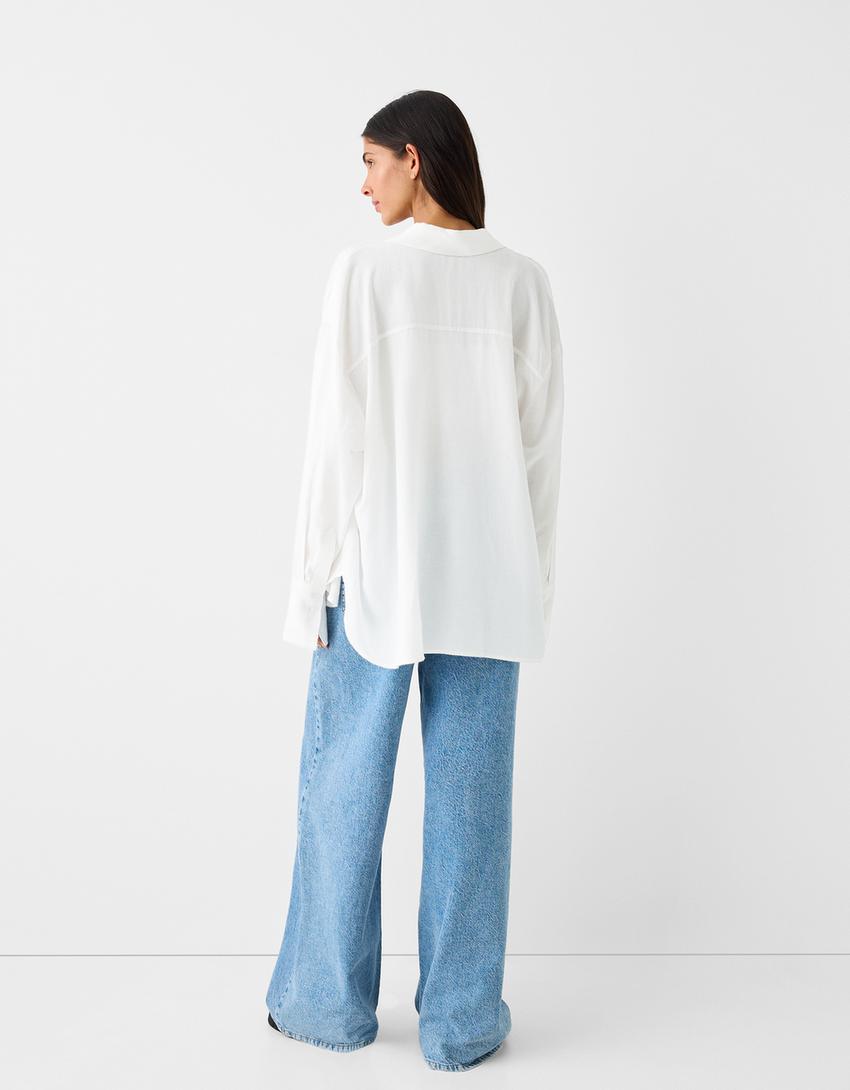 قميص ريفي فضفاض بأكمام طويلة-أبيض مطفي-1
