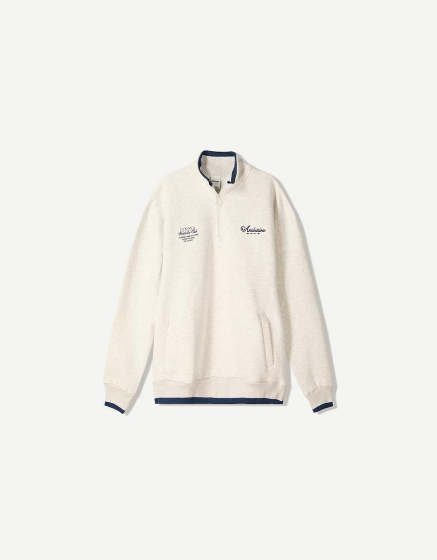 Baskılı fermuarlı sweatshirt-Gri-4