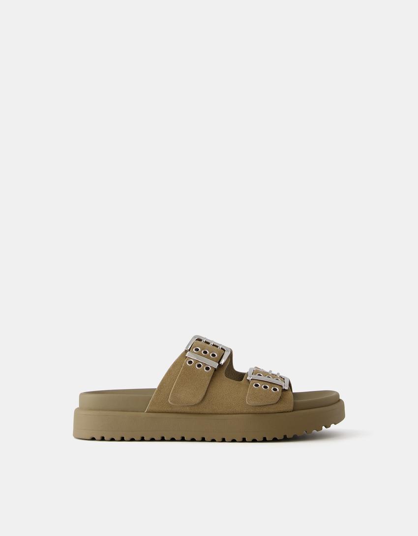 LEATHER buckled flat slider sandals-KHAKI-5