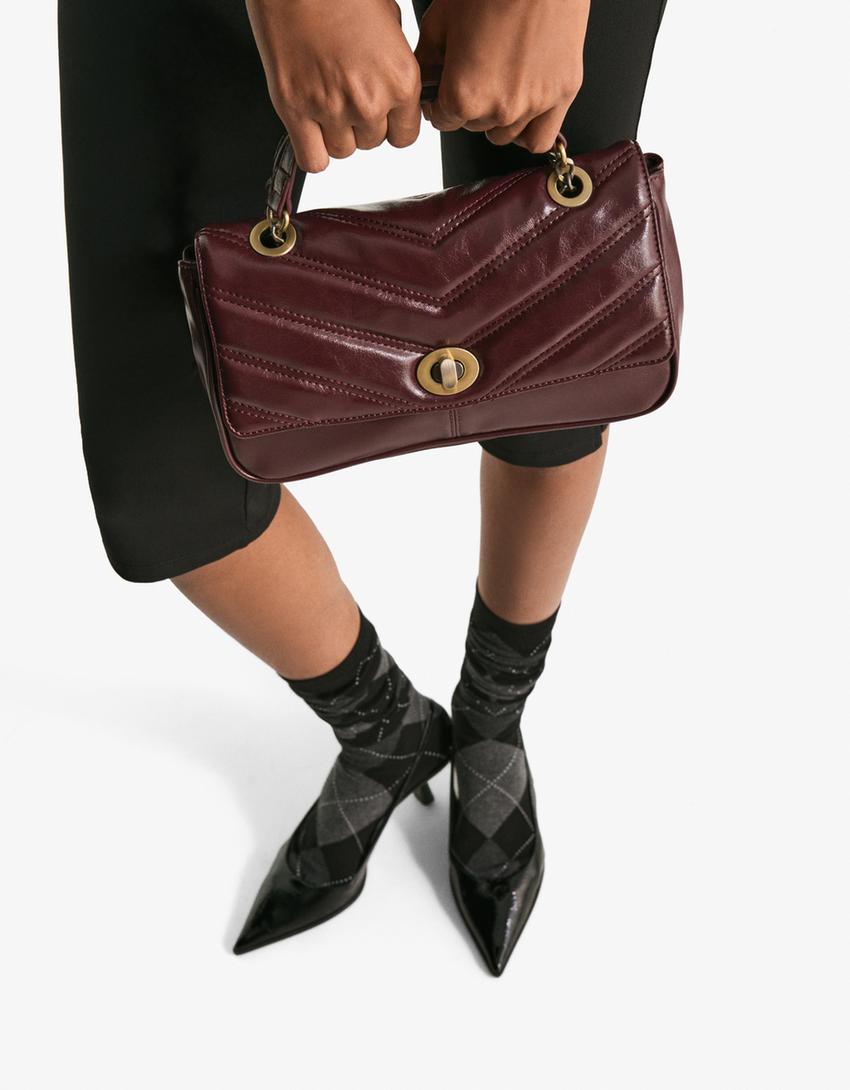 Quilted leather effect shoulder bag-Burgundy