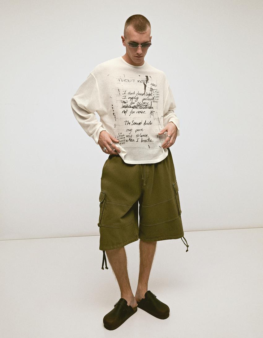 T-shirt manches longues imprimé-Blanc cassé