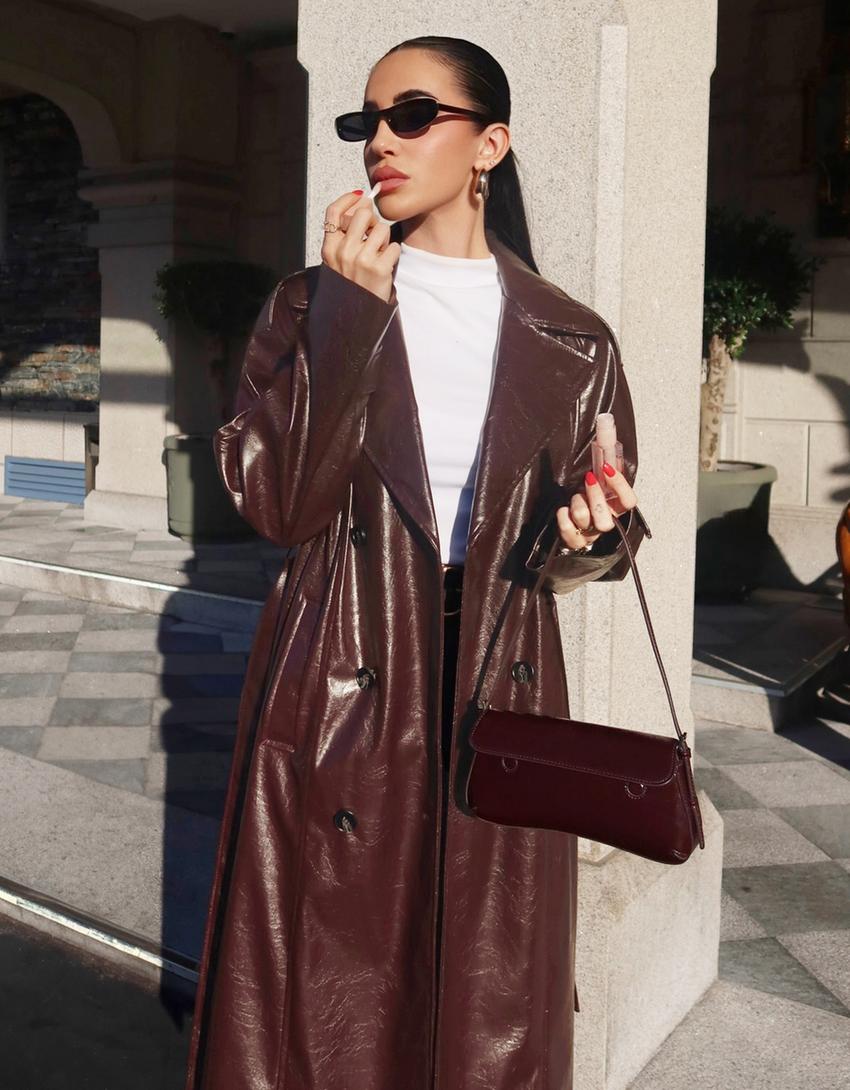 Faux leather trench coat-Maroon