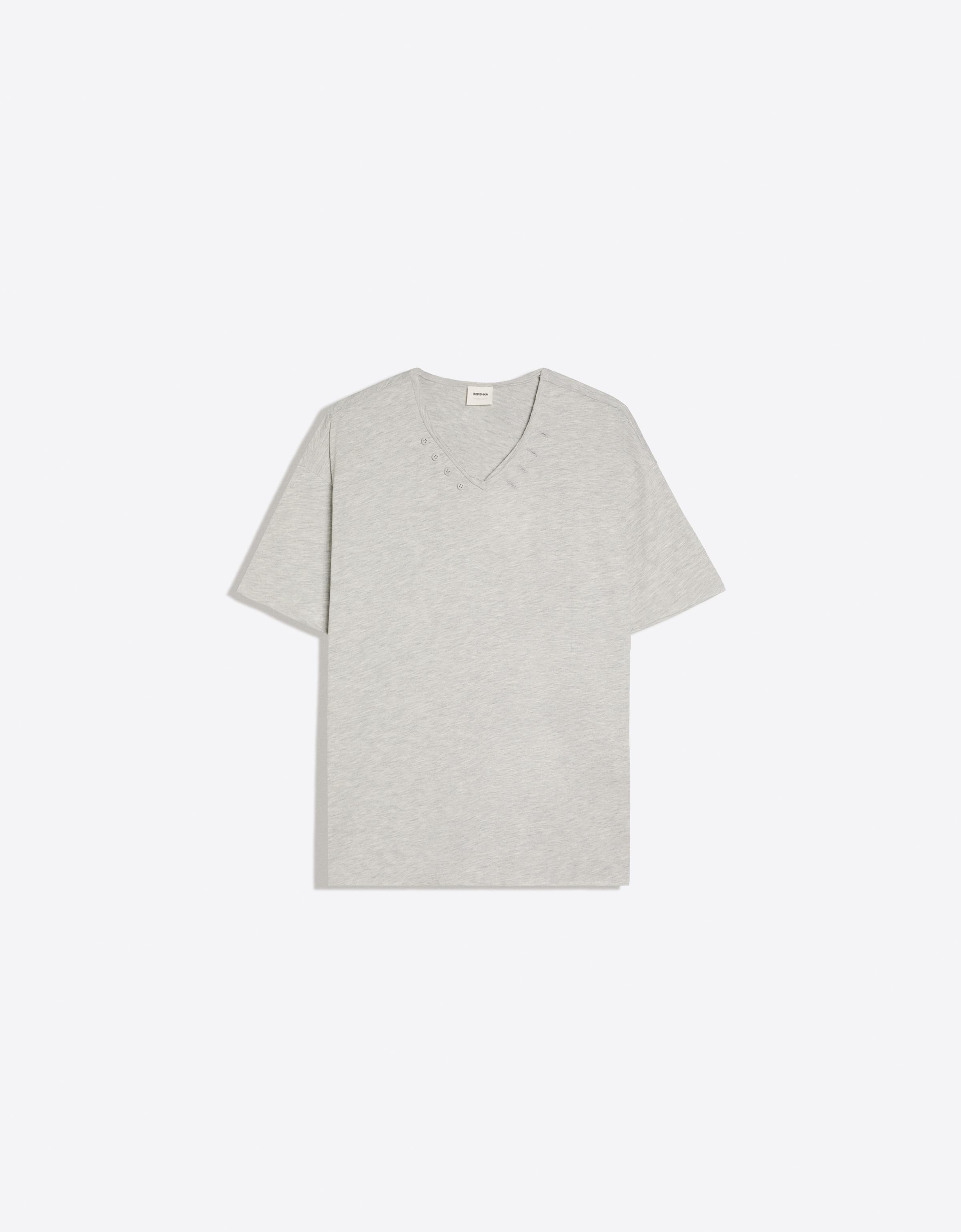 Bershka Camiseta Manga Corta Cuello Pico Hombre Gris