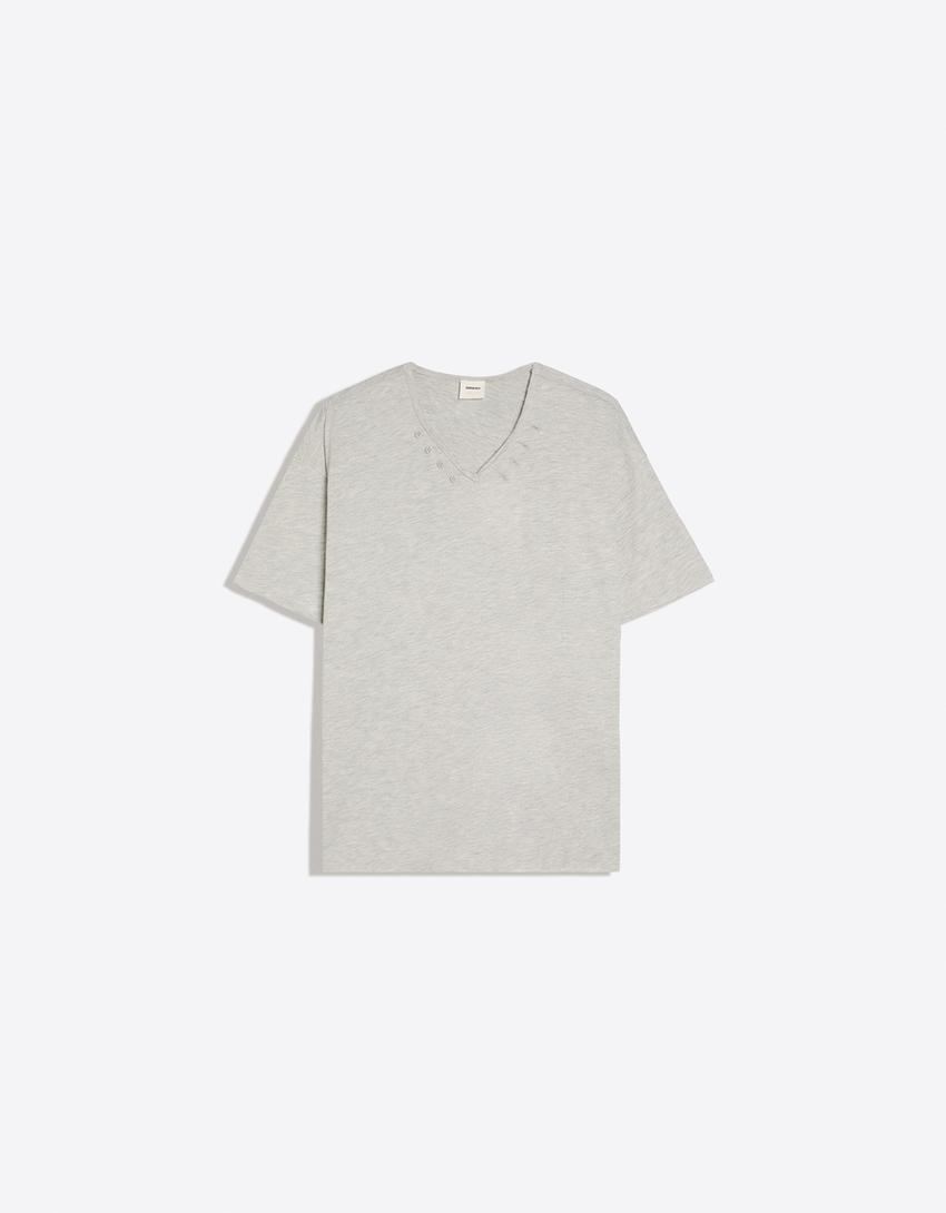 Short sleeve V-neck T-shirt-Grey
