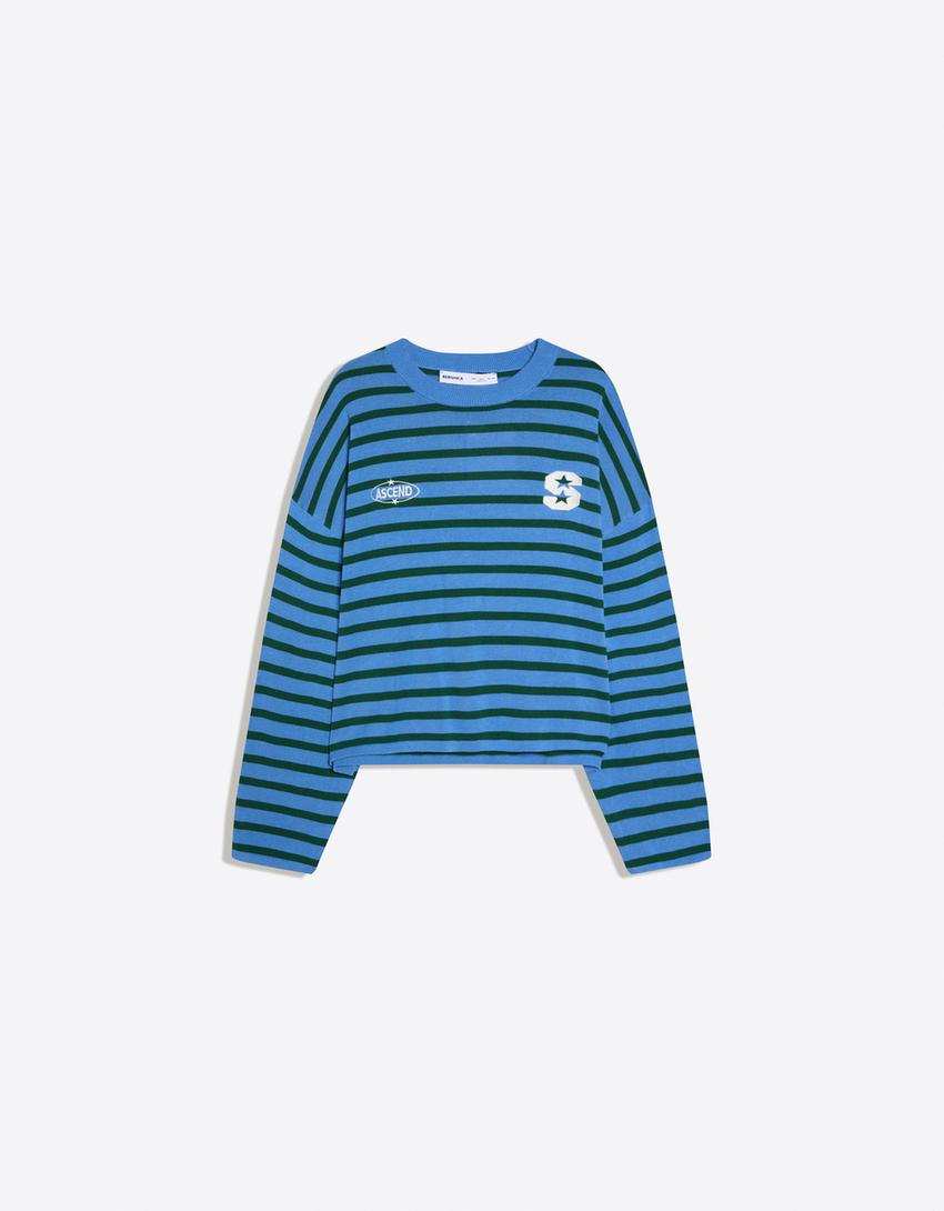 Embroidered striped boxy fit jumper-Blue