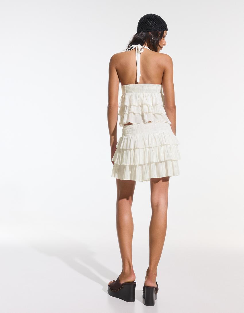 Metallic thread ruffled mini skirt-White