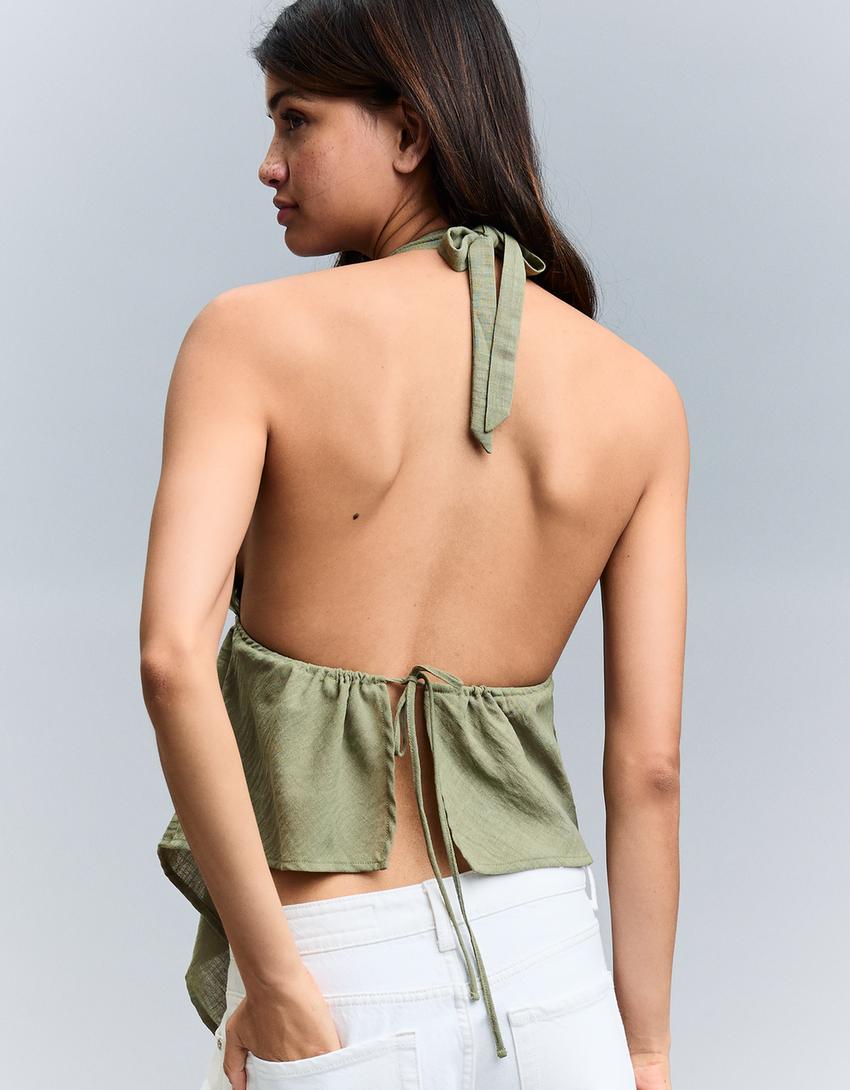 Tied halter top-Khaki