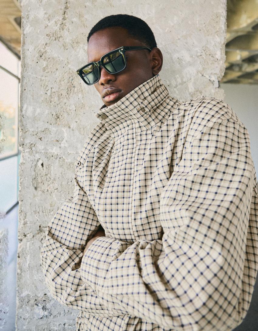 Куртка в клетку на молнии-Бежевый