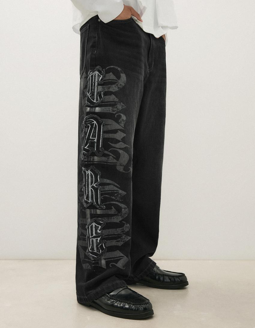 Baggy jeans with star patches-Black