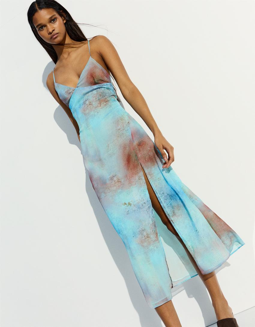 Robe midi imprimée-Bleu turquoise