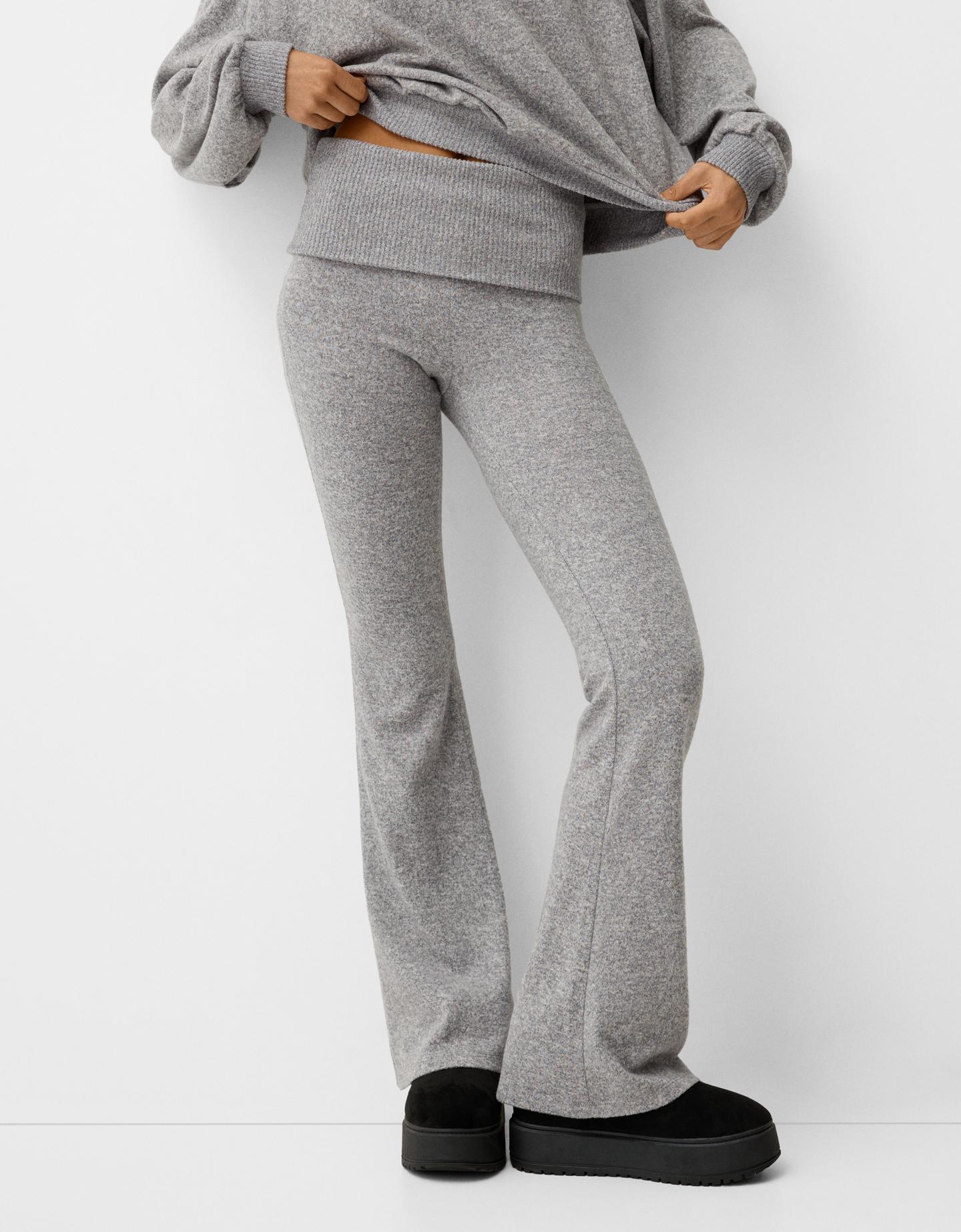 Bershka Pantalón Flare Cintura Vuelta Mujer L Gris