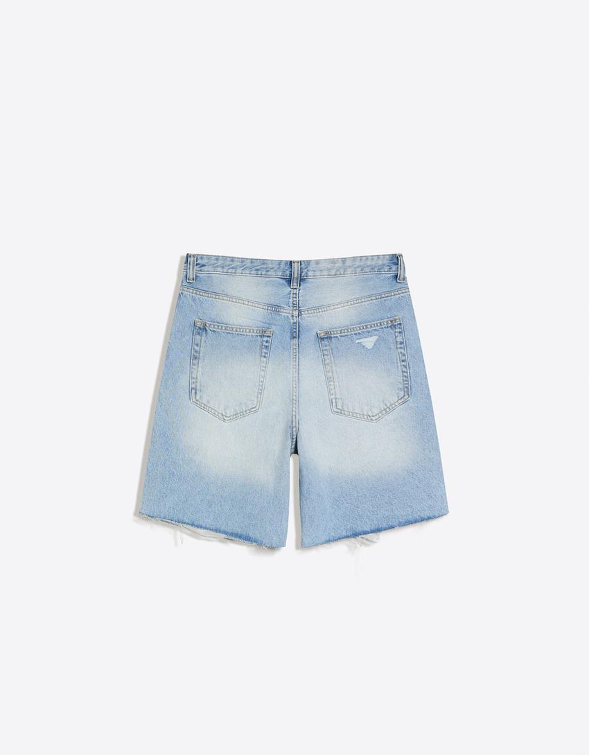 Ripped denim Bermuda shorts-Light blue
