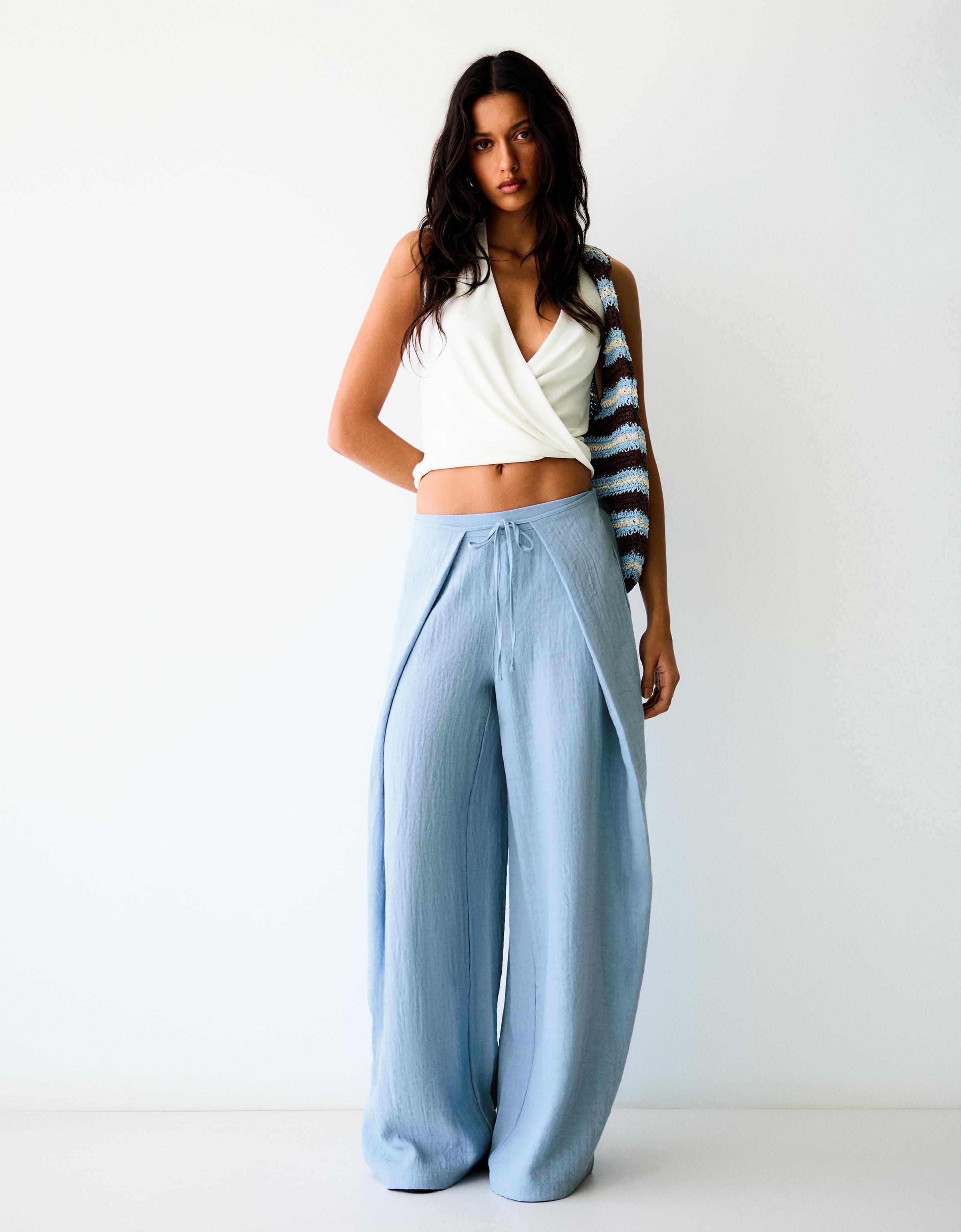 Pantalon Wide Leg Rustique À Plis S Bleu Lavé