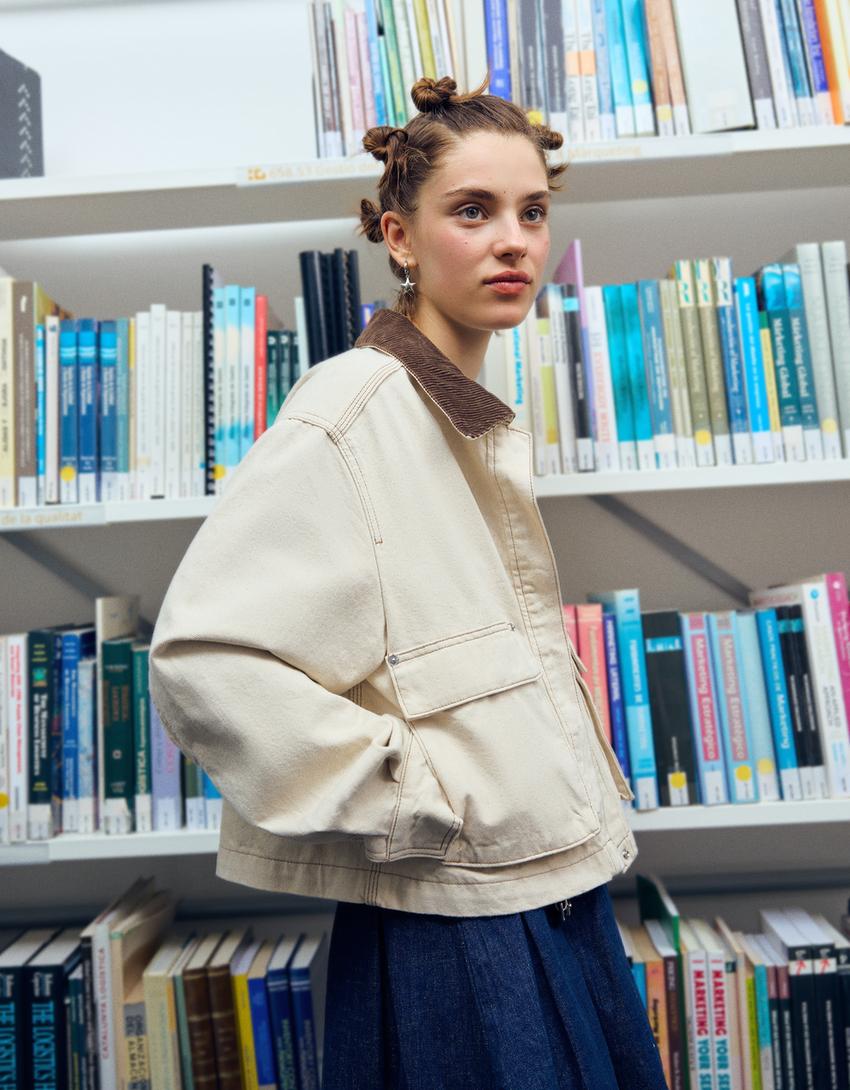 Jacket with corduroy collar-Camel-3