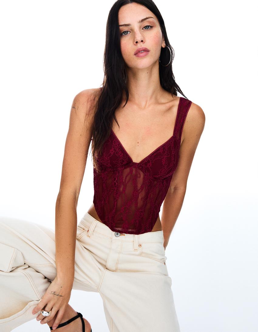Lace top with straps-Maroon