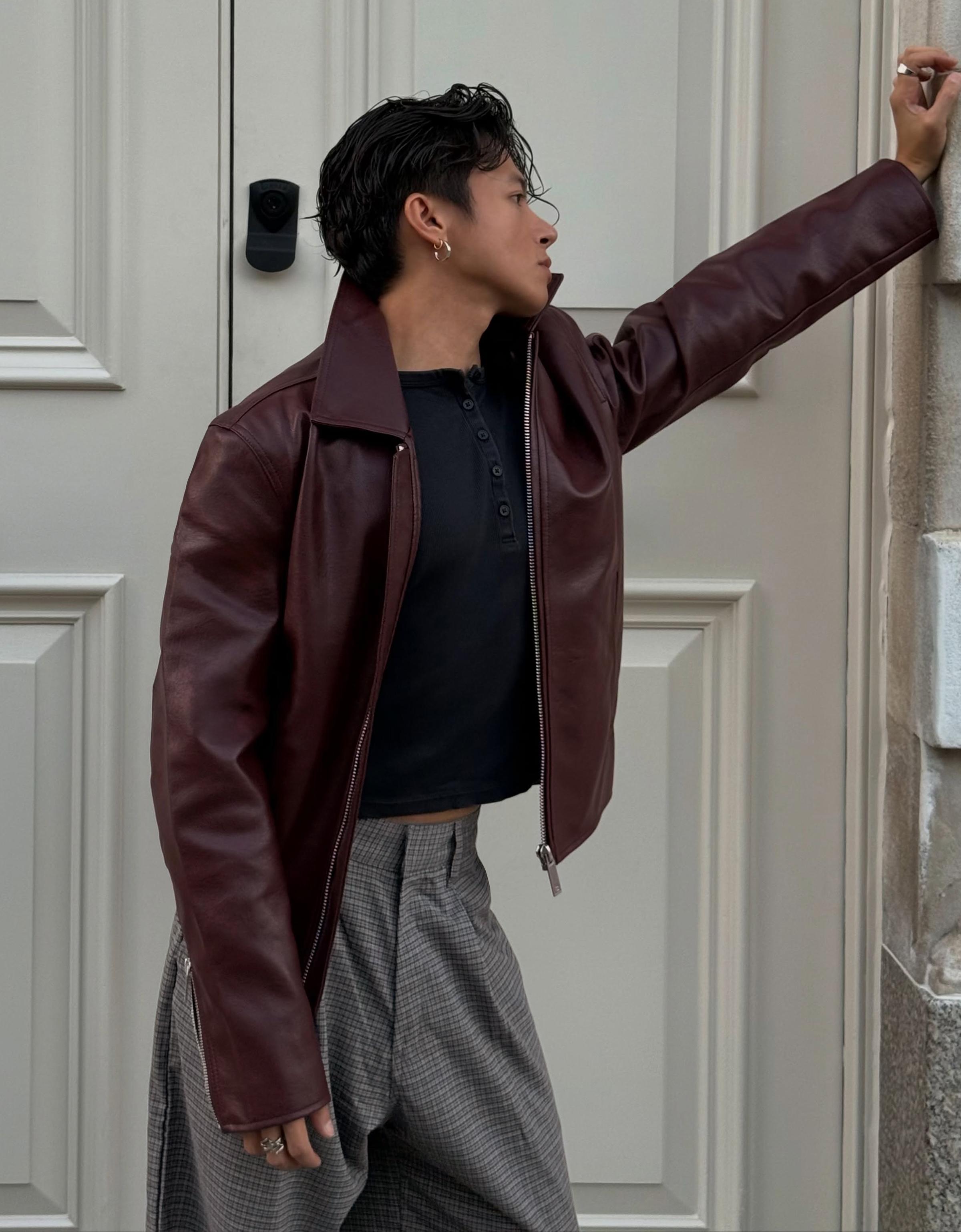 Bershka Boxy Leather Effect Jacket Men Xl Burgundy