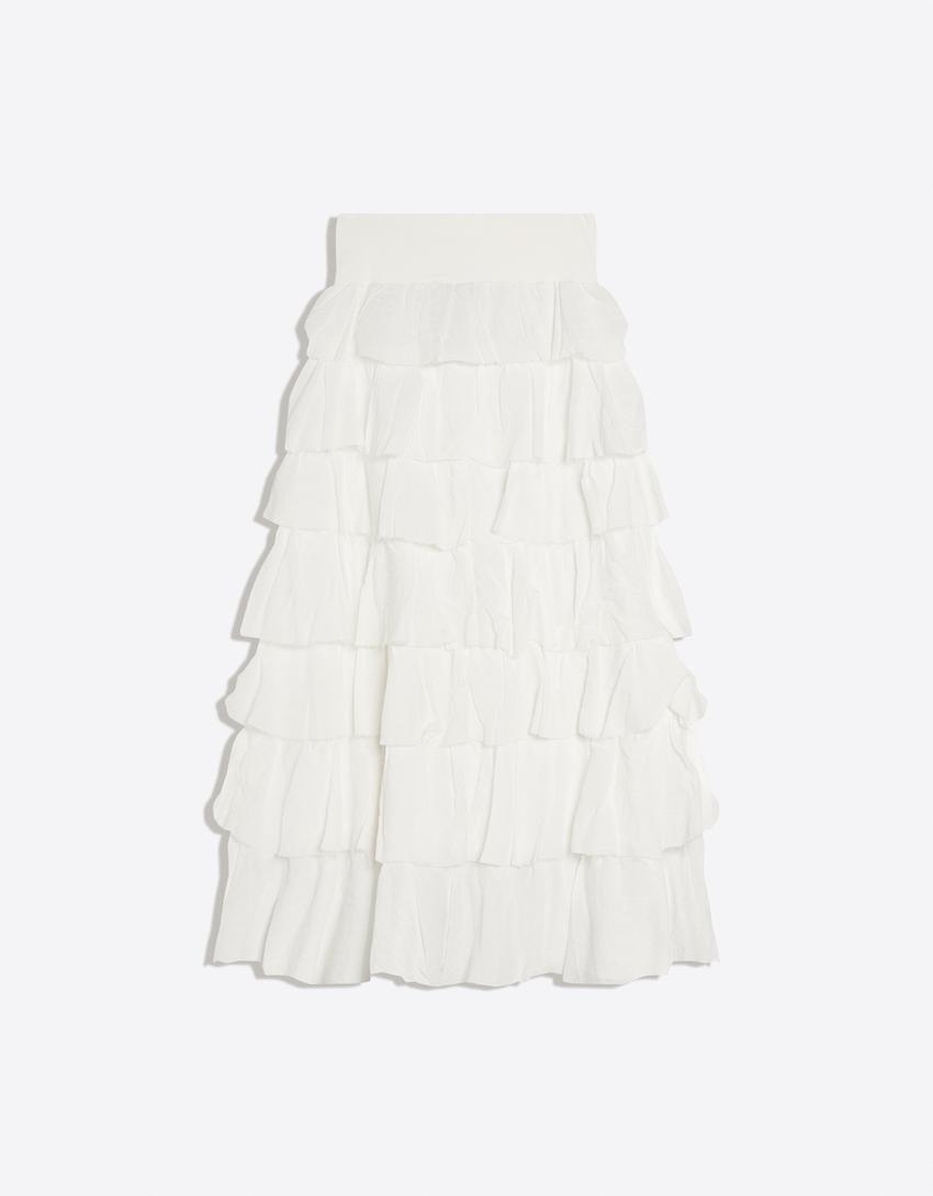 Saia midi rústica com babados-Off-white