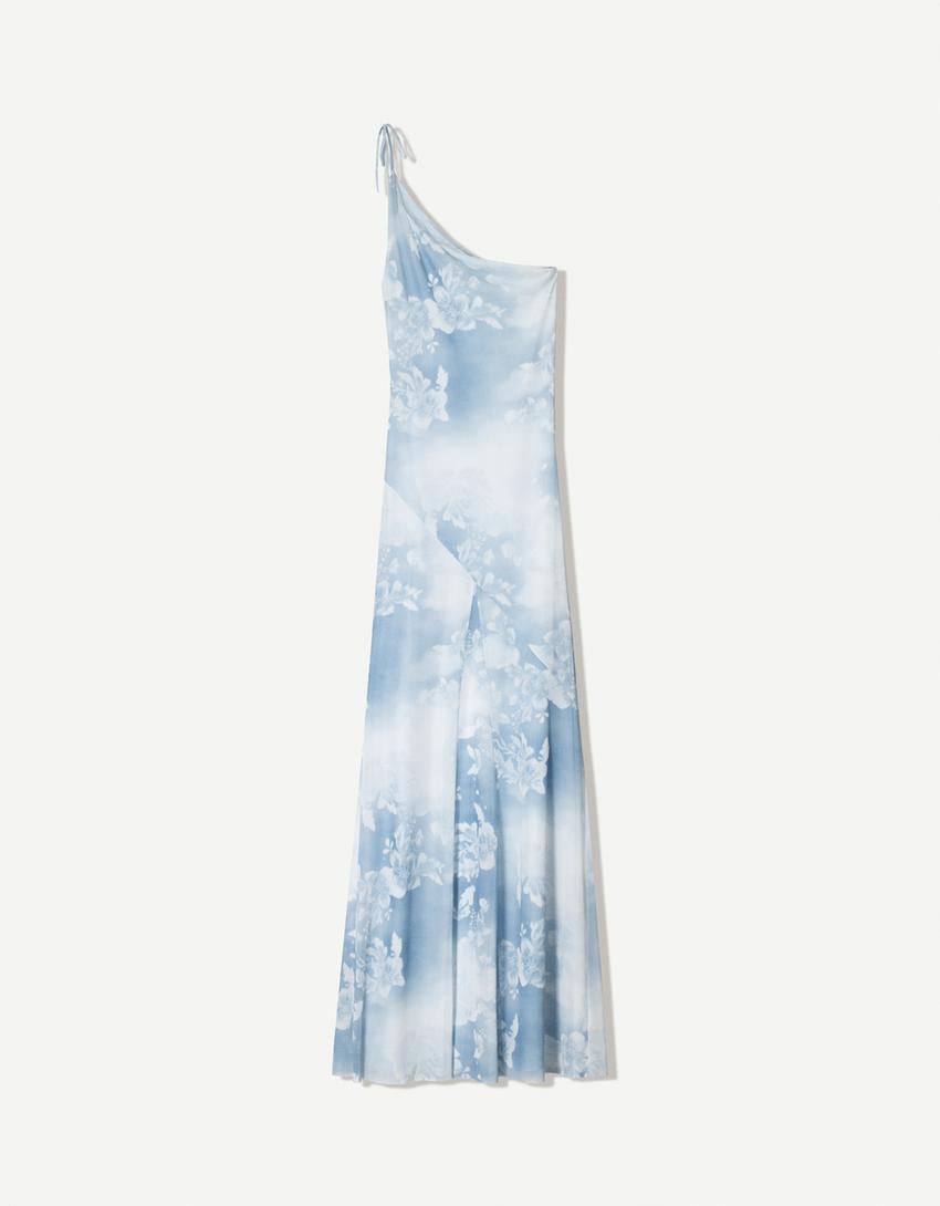 Asymmetrisches Maxikleid aus Tüll mit Print-Blau