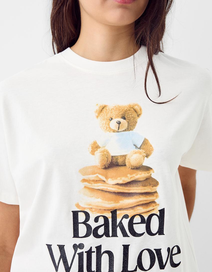 Short sleeve rhinestone bear T-shirt-Off white-5