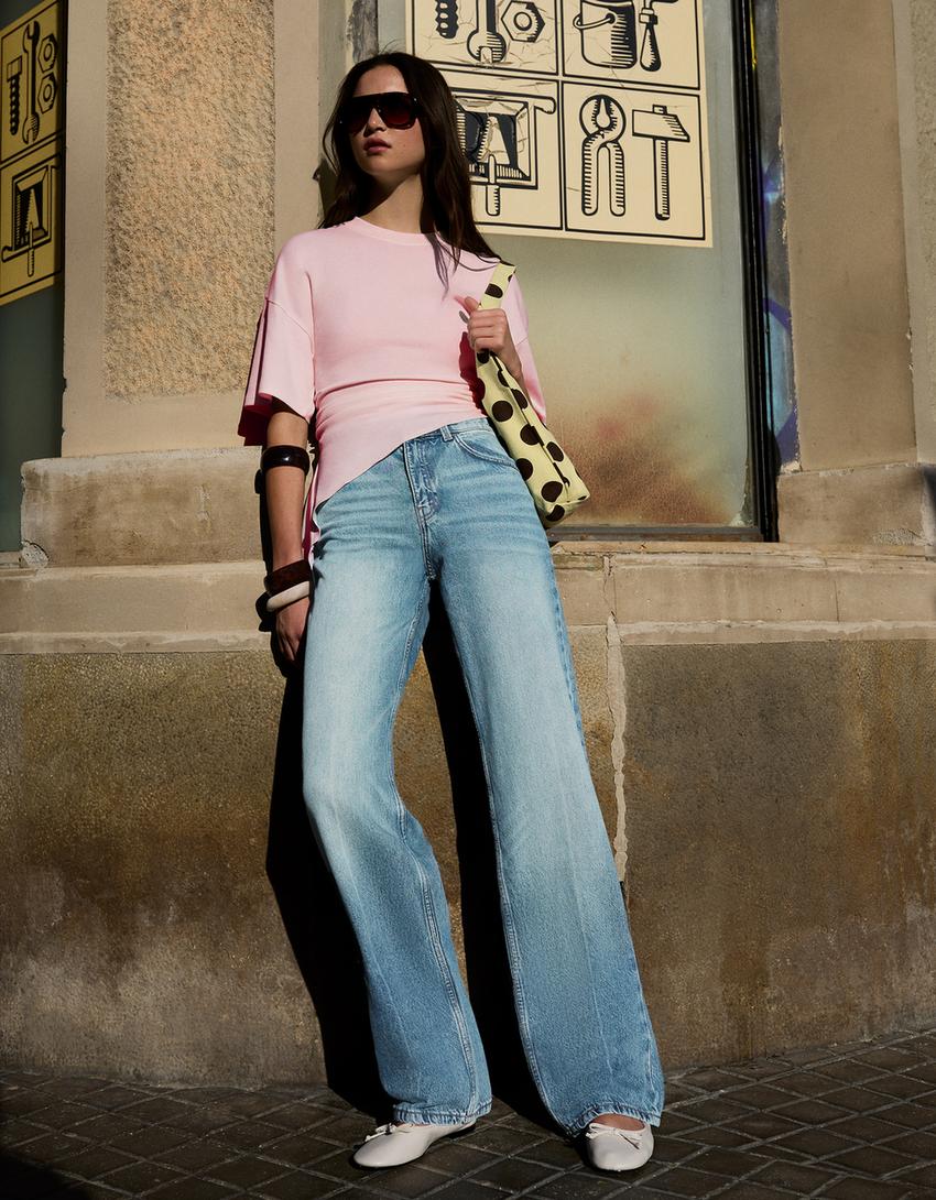 Yüksek bel straight fit geniş paça jean-Açık mavi