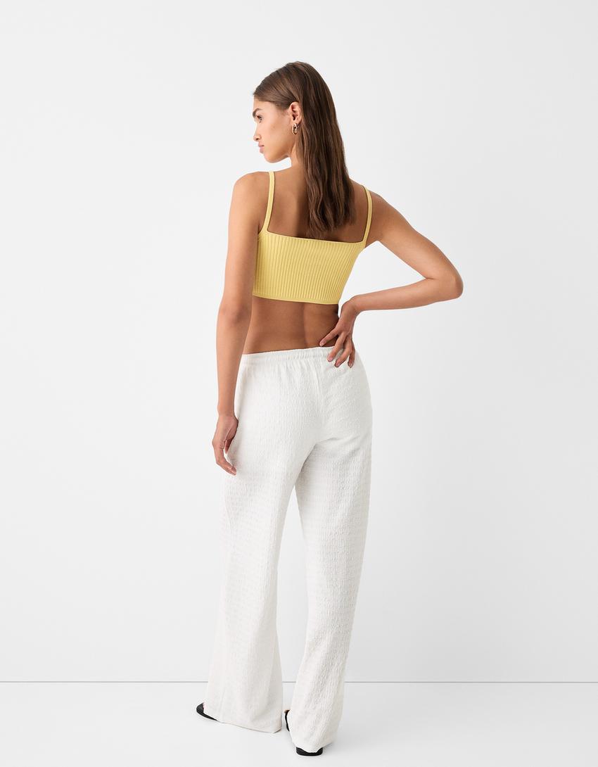 بنطال بقصّة مستقيمة وغرزة وافل-أبيض مطفي-2