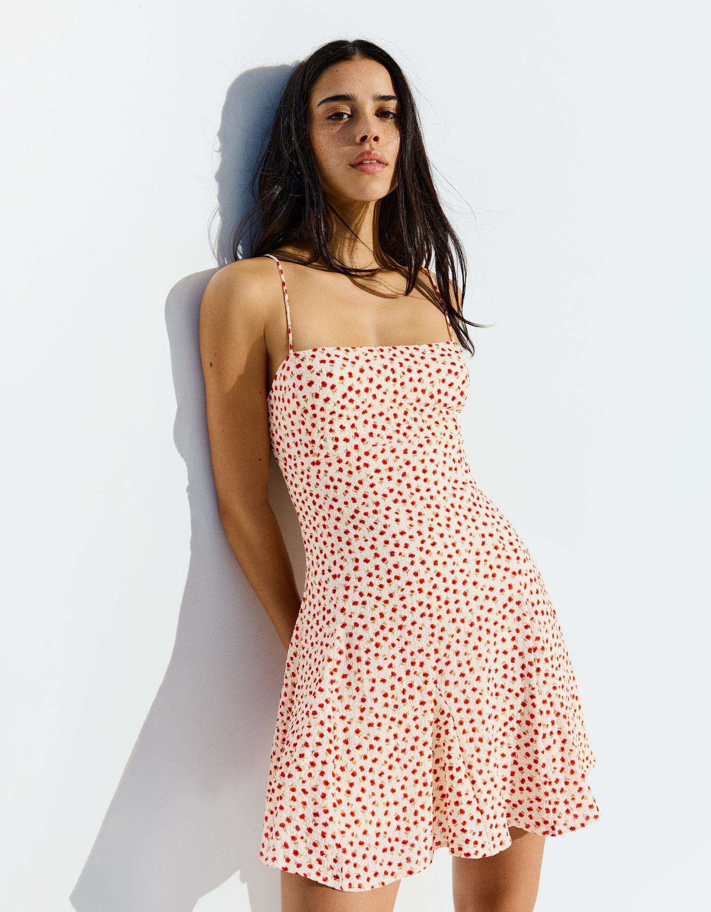 Bershka Vestito Spalline Mini Fiori Donna M Multicolore