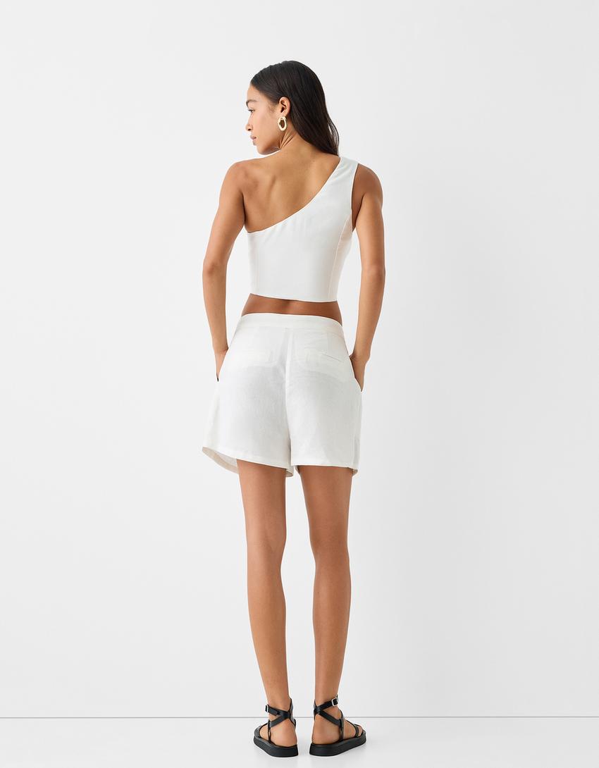 Darted Bermuda shorts with linen-Off white