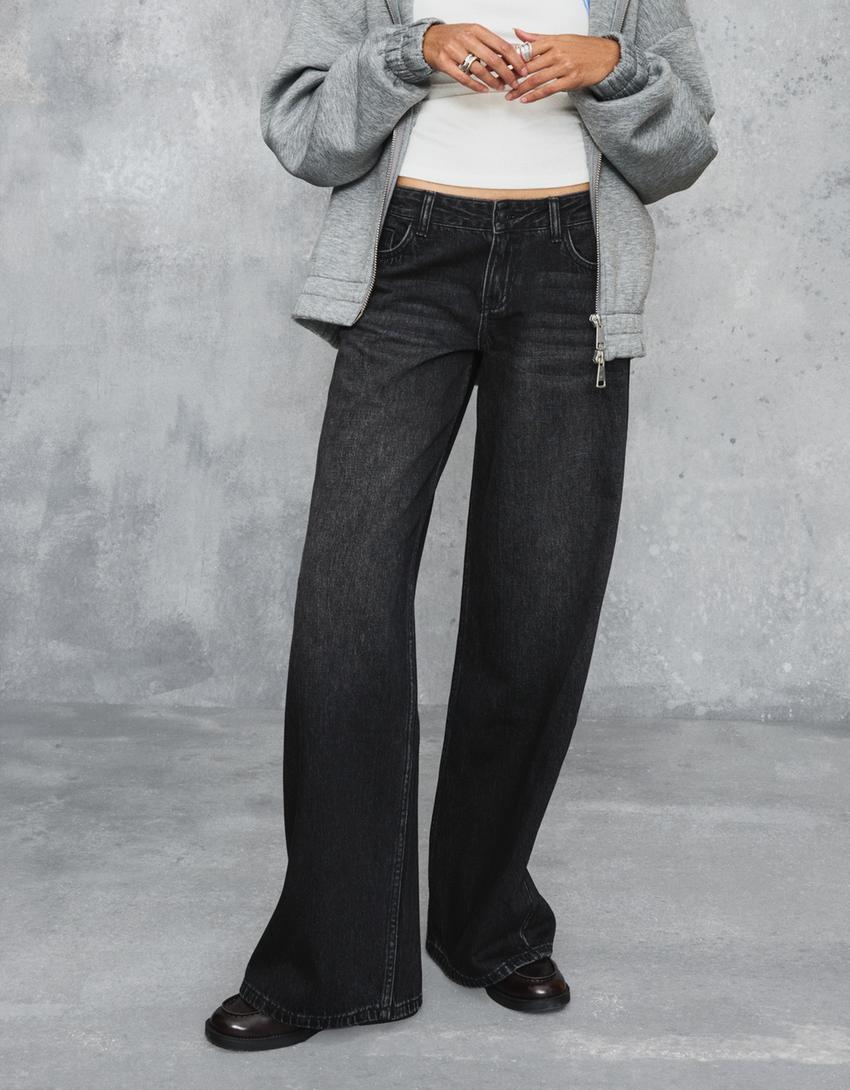 Geniş paça düşük bel jean-Siyah