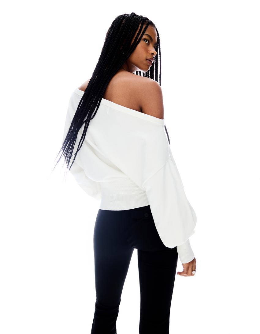 Asymmetric sweater with ribbed hem-Cream